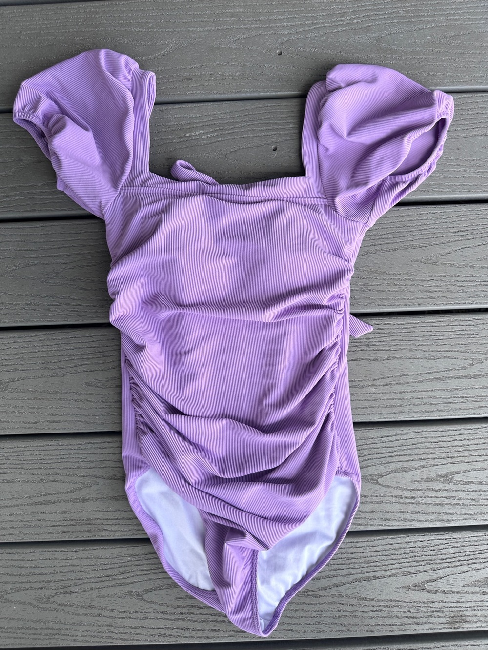 LAVENDER pink desert puff sleeve ribbed One-Piece Swimsuit with tie back